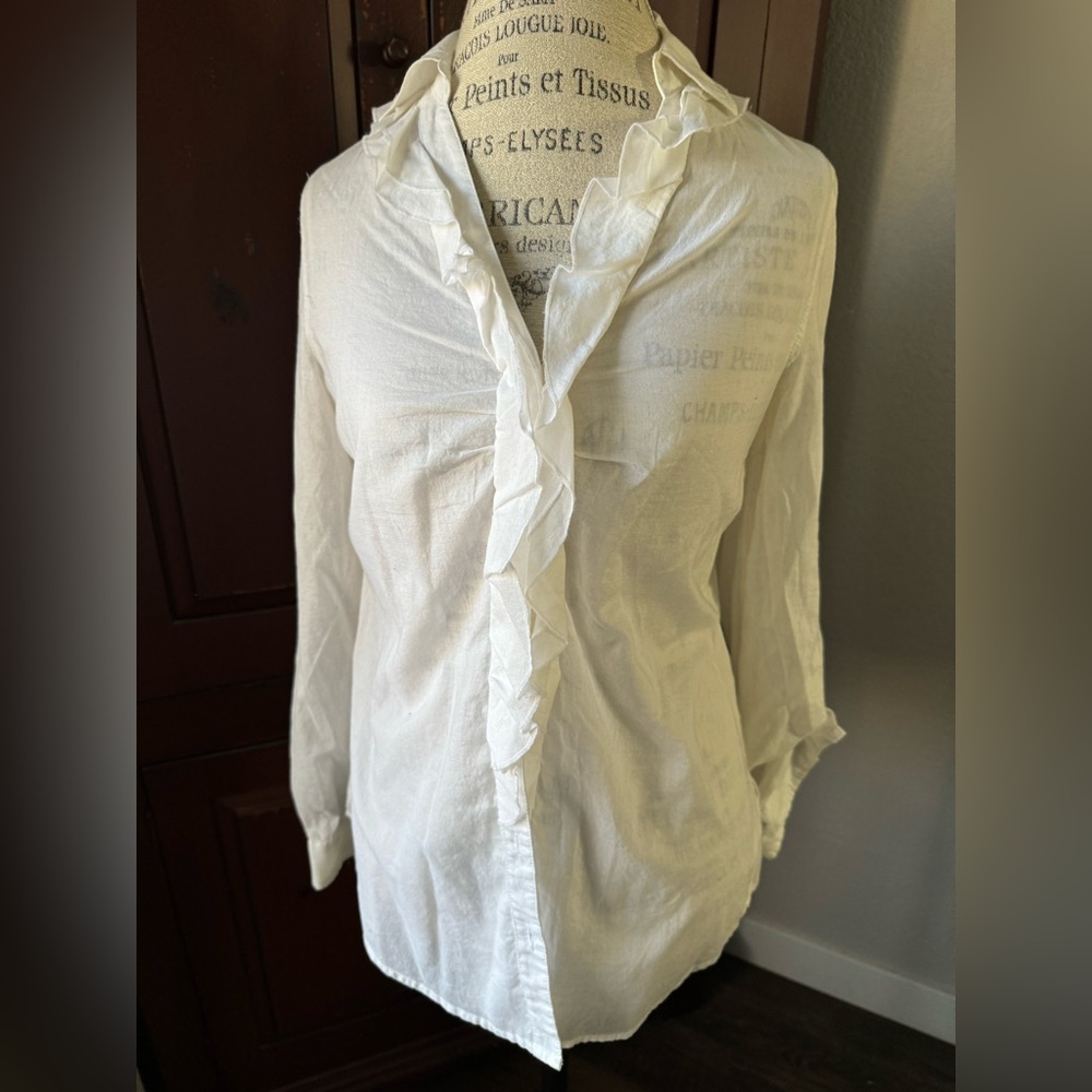 Express Medium 100% Cotton Button Down Ruffled Top - image 1